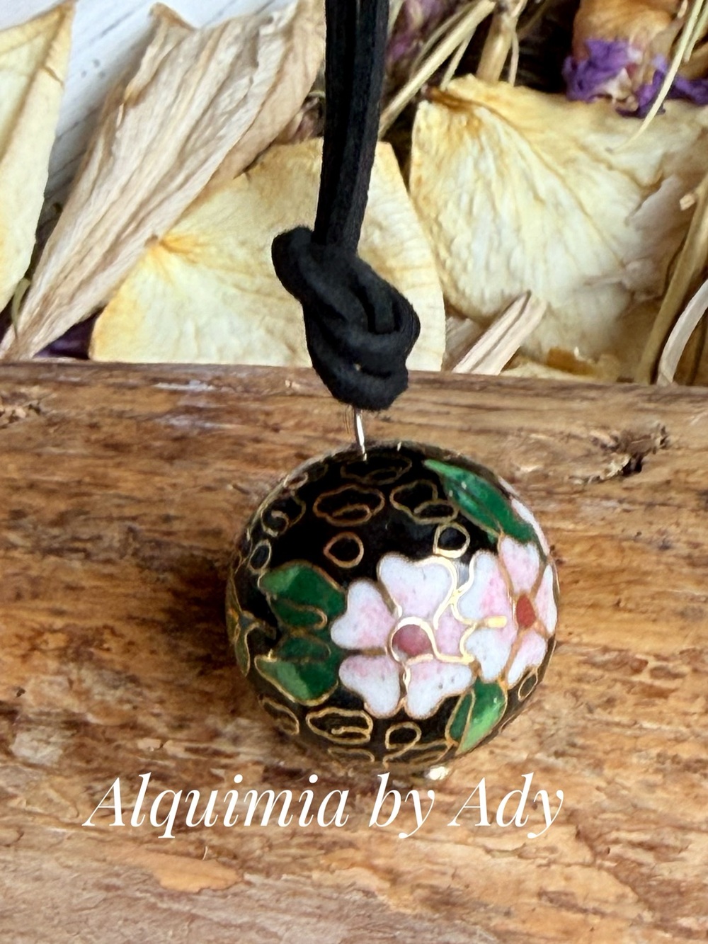 Suede + Black Cloisonné Floral Pendant with Pink and Green Accents